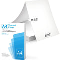 Pack of white A4 quick-drying thermal paper for portable printers, showing sheet size and packaging.
