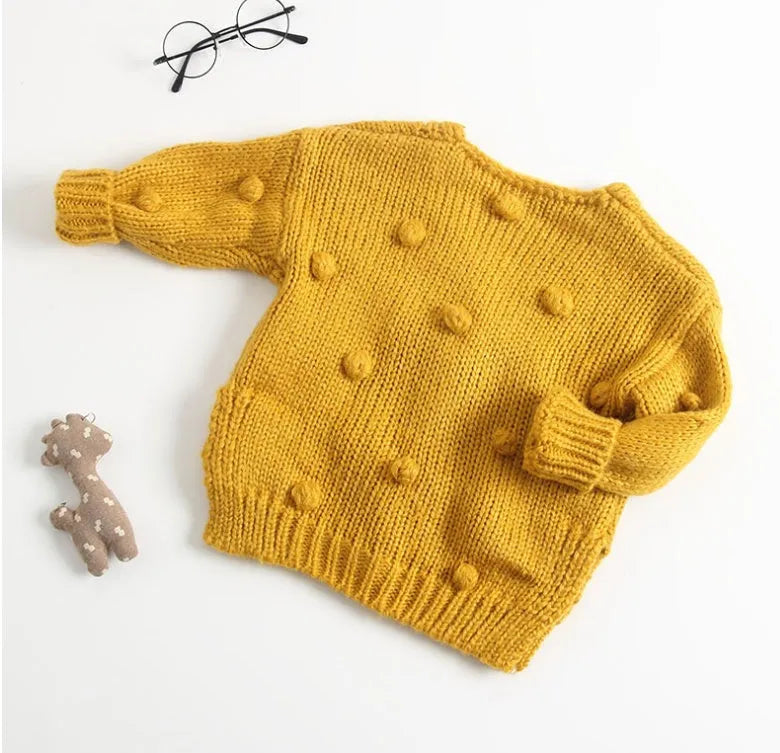 baby girl sweater in pink, brown, or yellow knit, sizes 73 to 100 cm