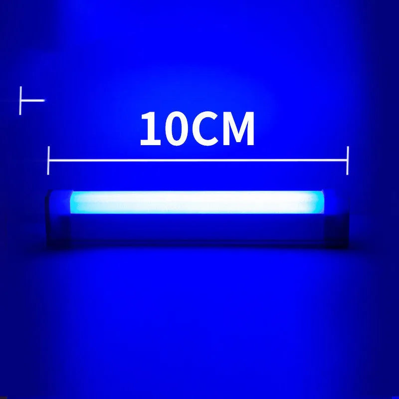 Blue and purple rechargeable LED tube light with dimmer switch in 32cm length.