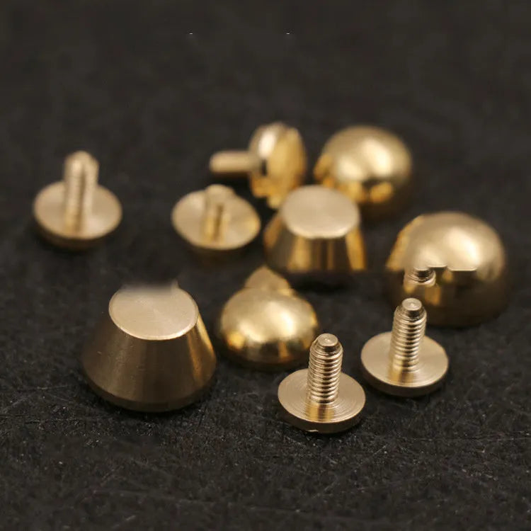 Brass decorative buckle foot nail accessories showing 10x6mm and 12x7mm sizes with round and bucket designs