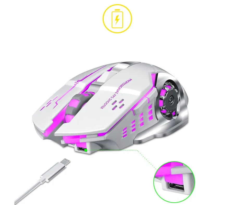 Wireless charging computer mouse with mute click buttons in black or white colour
