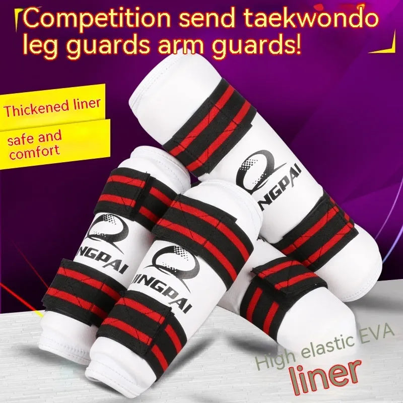 Taekwondo protective gear set showing arm guard, elbow arm guard, and leg protector made from black PU EVA foam.