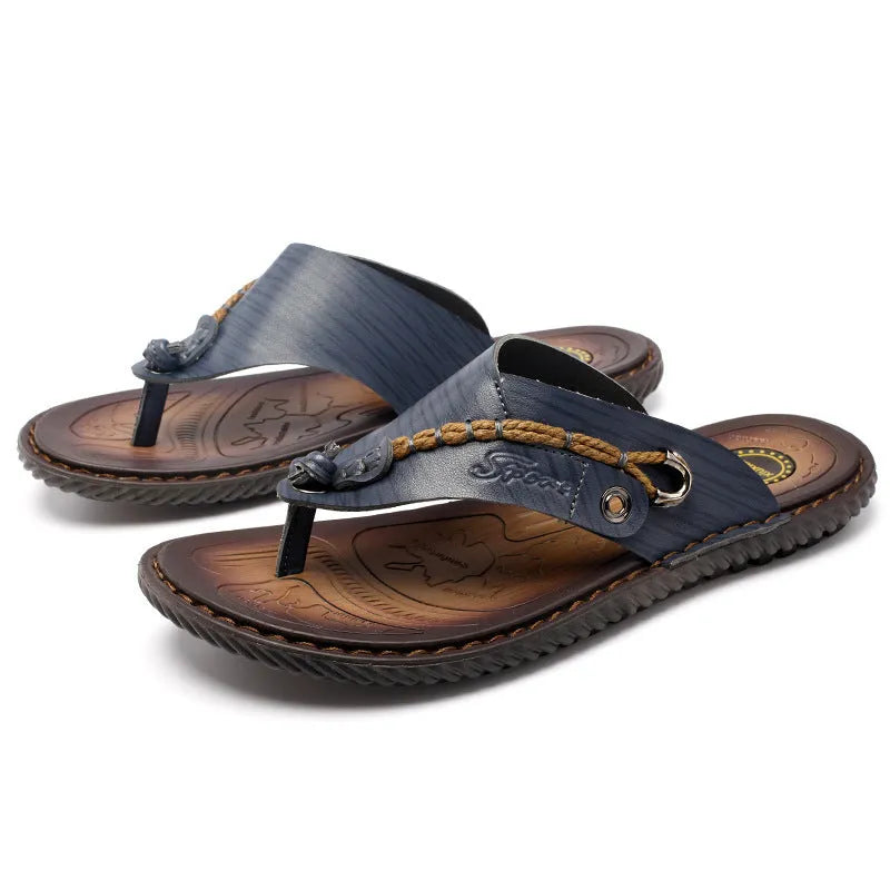 Men's dark blue plus size outdoor slippers with herringbone pattern and rubber sole