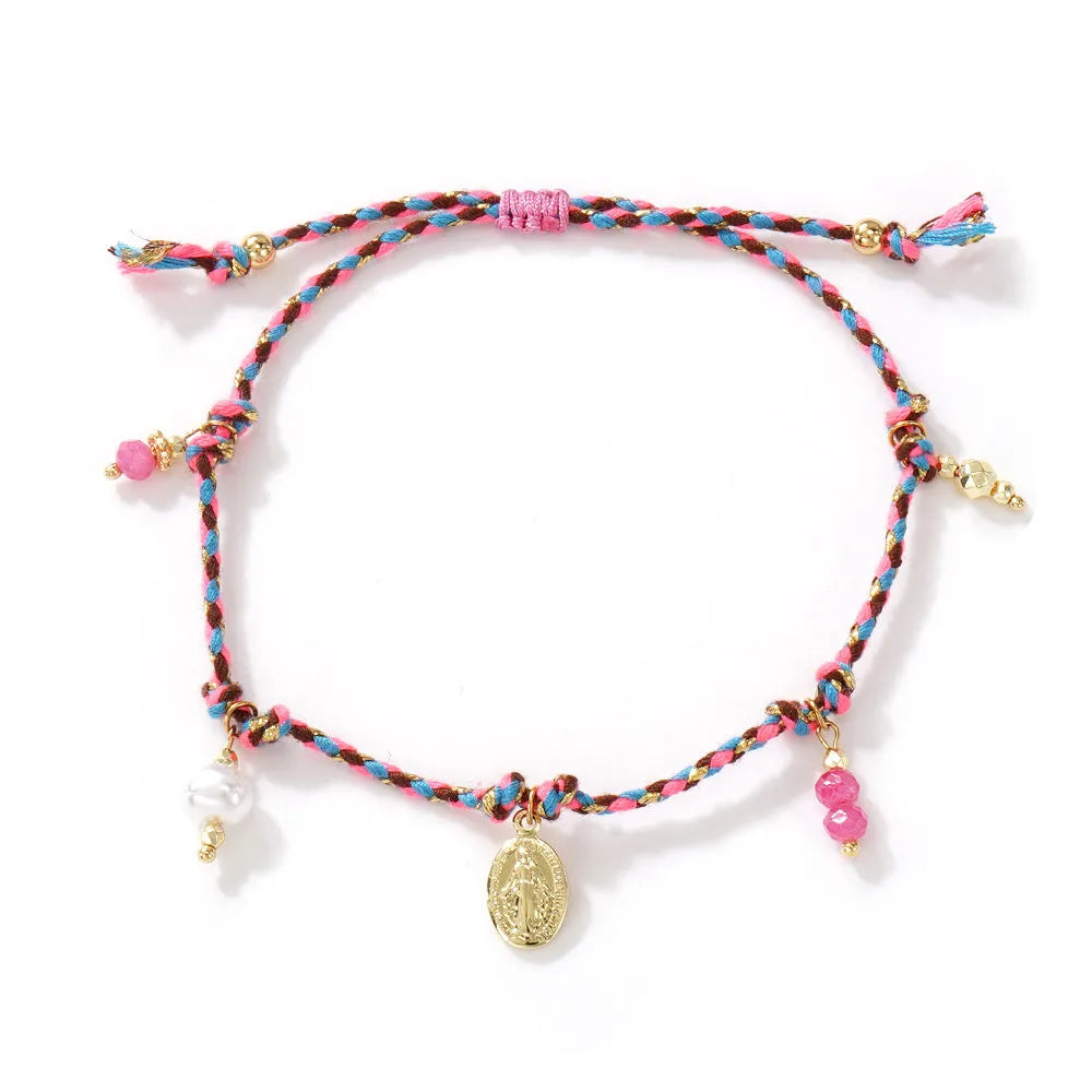Women's colourful hand-woven ethnic bracelet with braided rope construction and carrying strap tag design