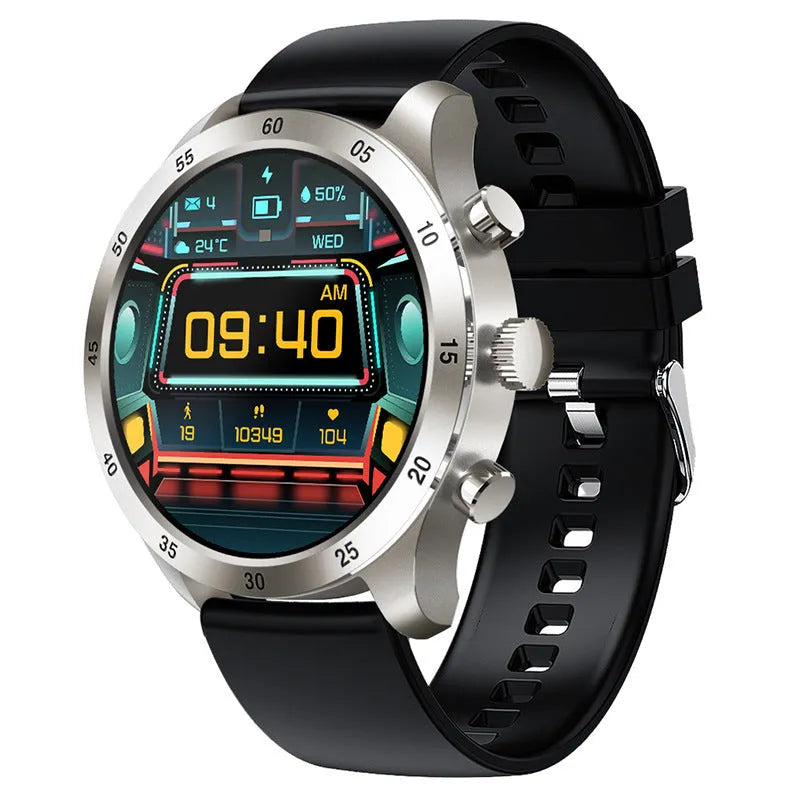 Black Bluetooth smart watch with steel strap on wrist, showing call and health tracking display