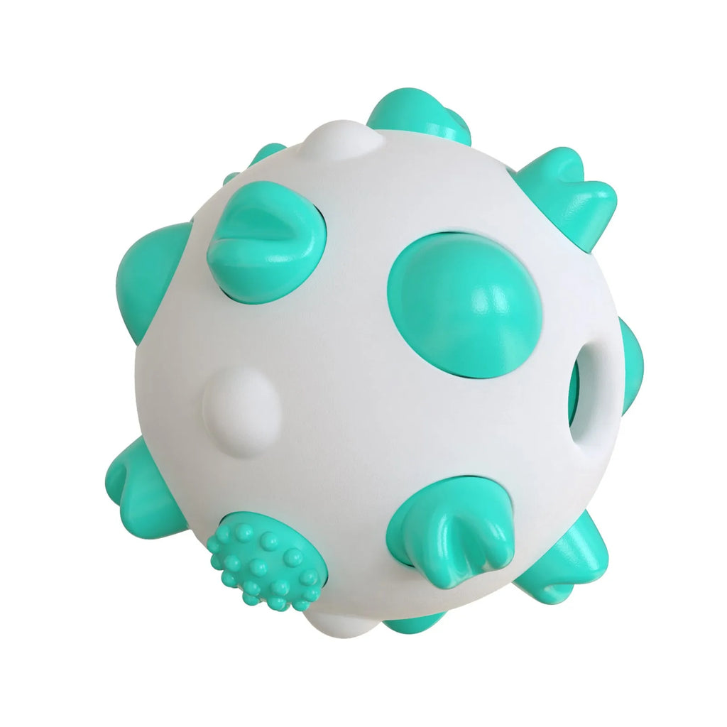Dog teething chew toy ball with serrated bumps in blue, green, and yellow options