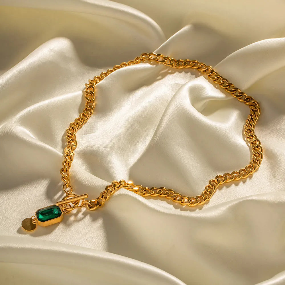 Gold electroplated French retro emerald zircon pendant necklace with titanium steel Cuban link chain