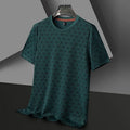 Men's black jacquard pattern short sleeve T-shirt with round neck and loose fit casual design