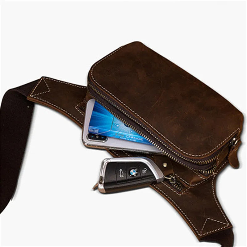 Brown men's cowhide sports waist bag shown with pull closure.