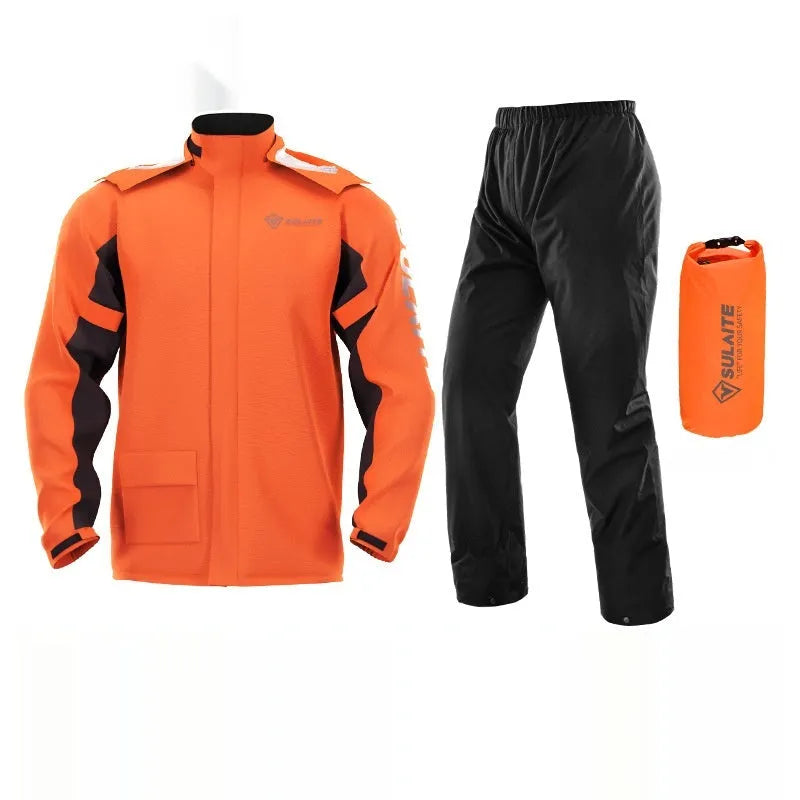 Motorcycle rain suit set showing raincoat, rain pants, hidden shoe covers, and storage bag.