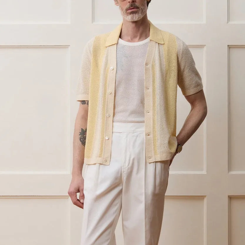 Yellow asymmetrical Tencel polo shirt with hollow-out detailing and short sleeves