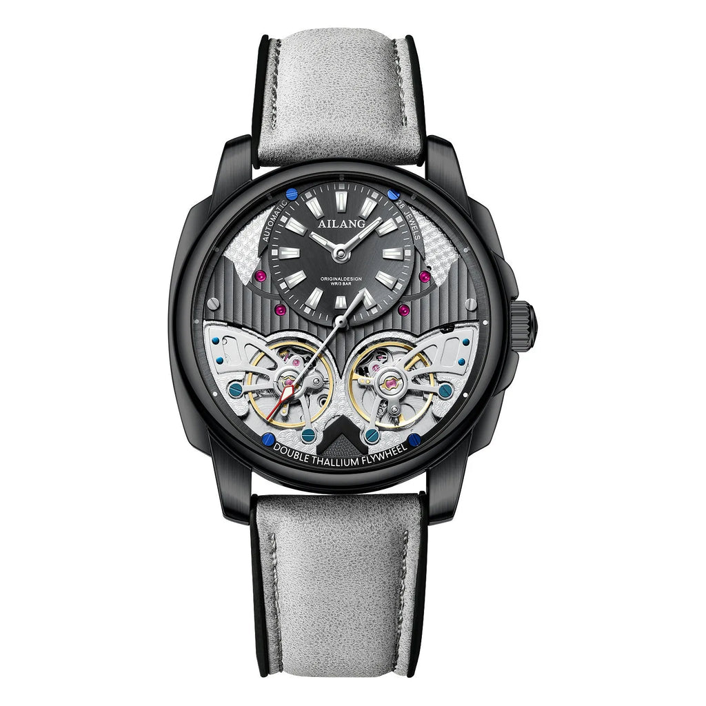 Automatic double tourbillon men's watch with silver case, black dial, and gray belt