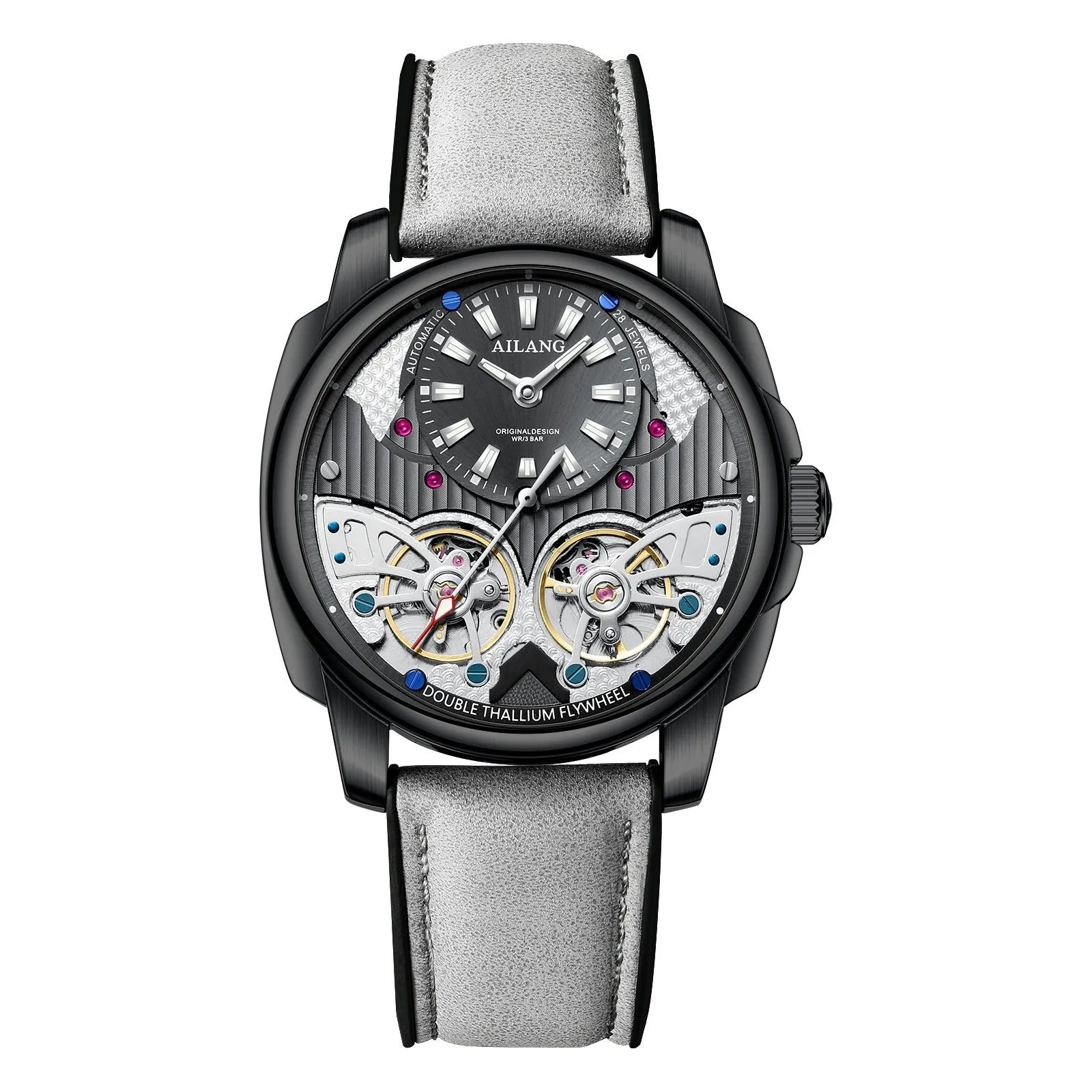 Automatic double tourbillon men's watch with silver case, black dial, and gray belt