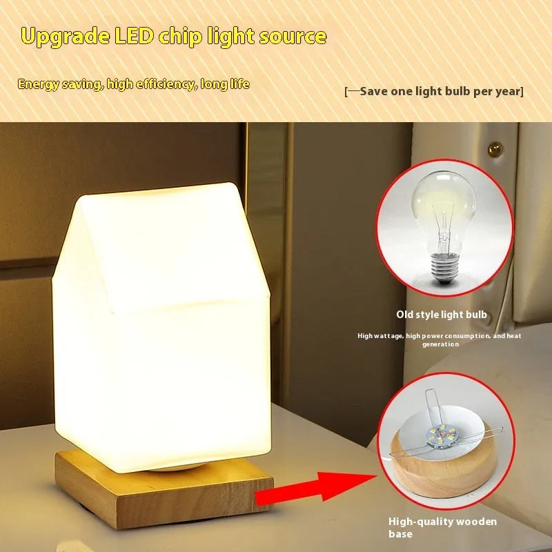 Nordic solid wood USB table lamp with touch dimming in white cube, cylinder, and ball styles on a wooden surface.