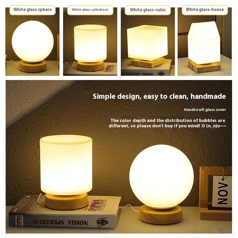Nordic solid wood USB table lamp with touch dimming in white cube, cylinder, and ball styles on a wooden surface.