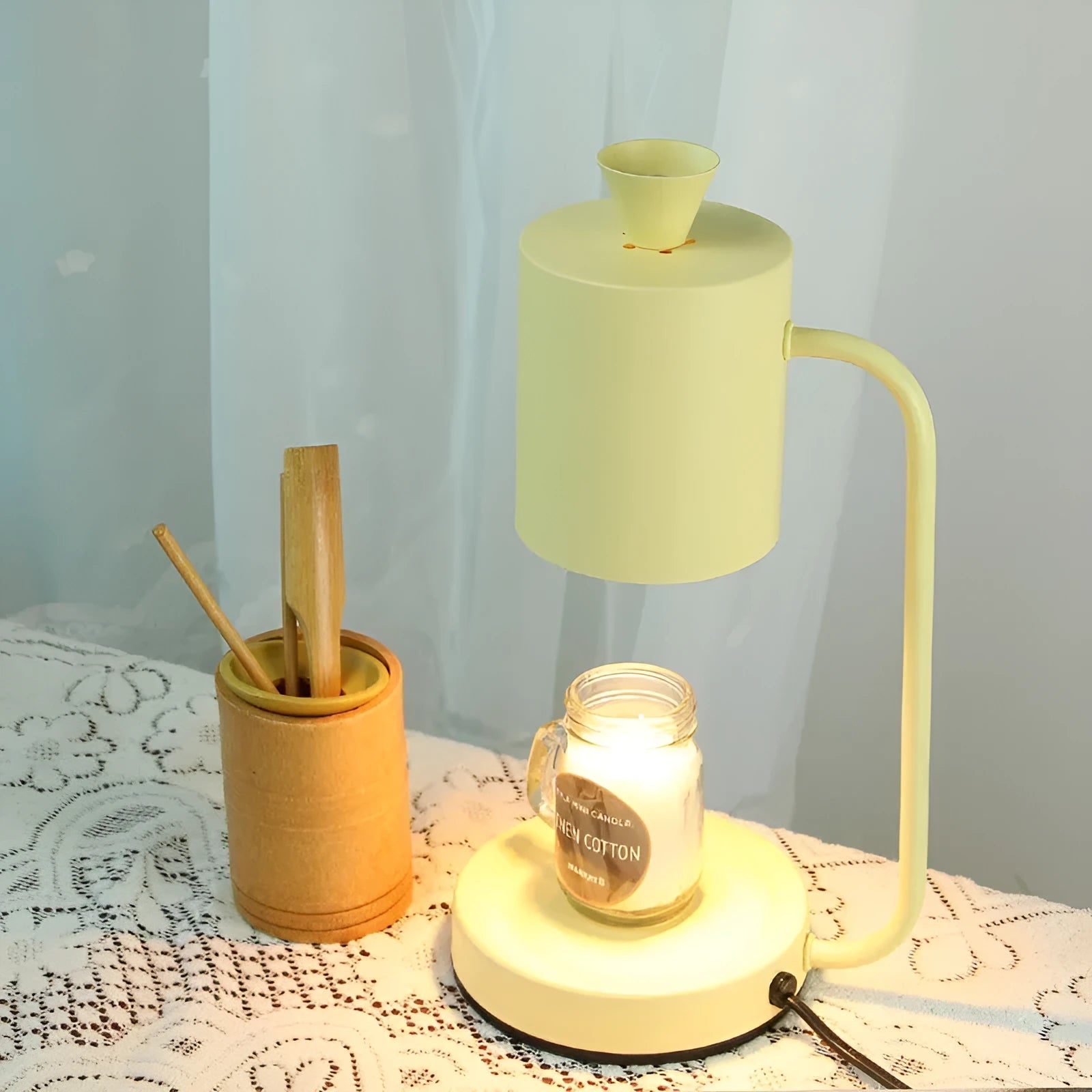 European-style white aromatherapy wax melt lamp with dimmer switch on a long cable