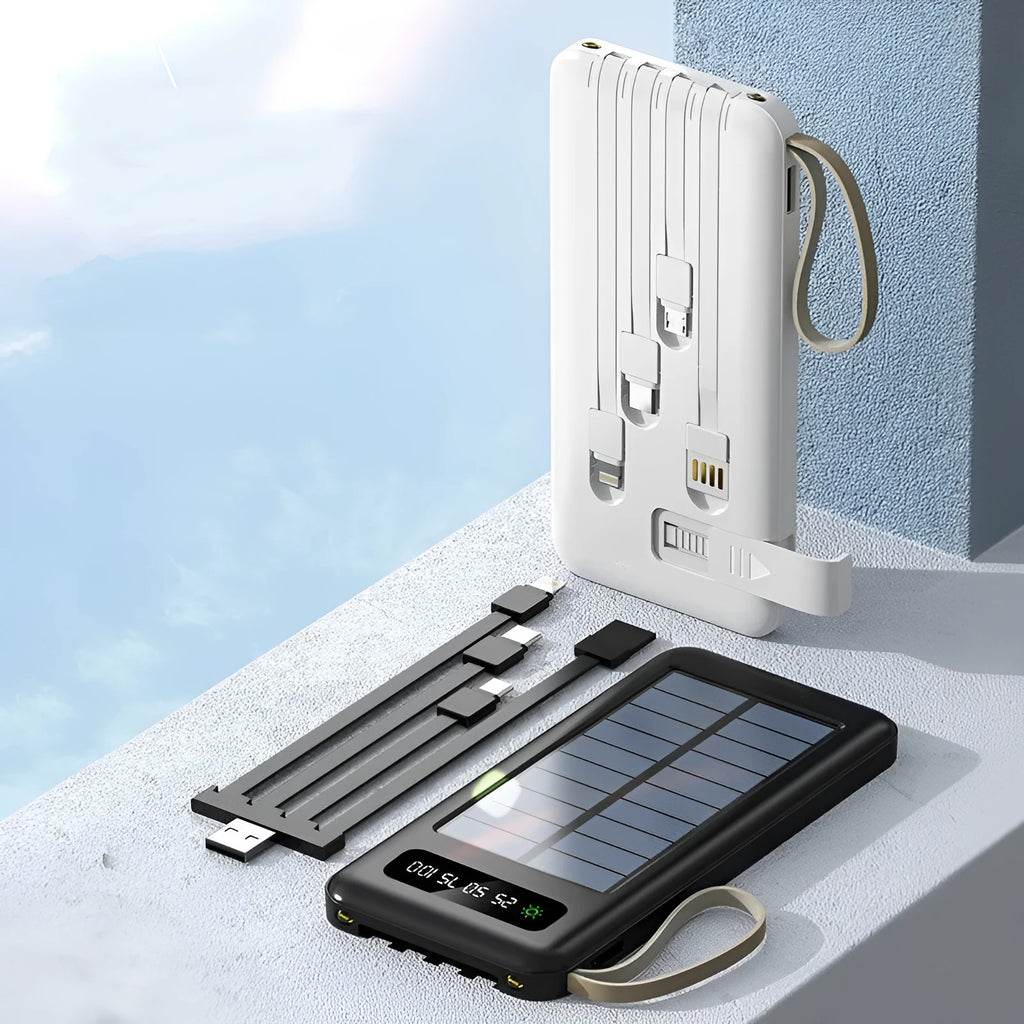 Solar power bank in cool black or ivory white colour showing compact 144mm design with charging port