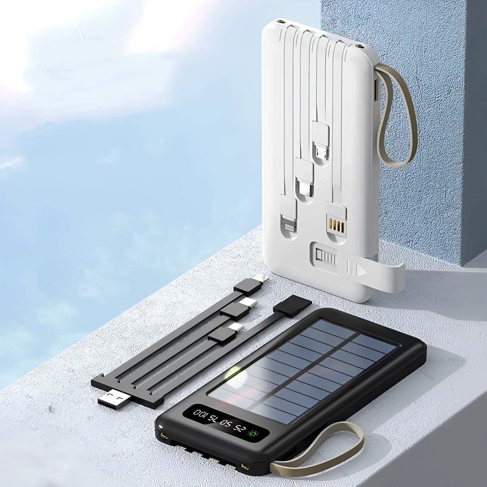 Solar power bank in cool black or ivory white colour showing compact 144mm design with charging port