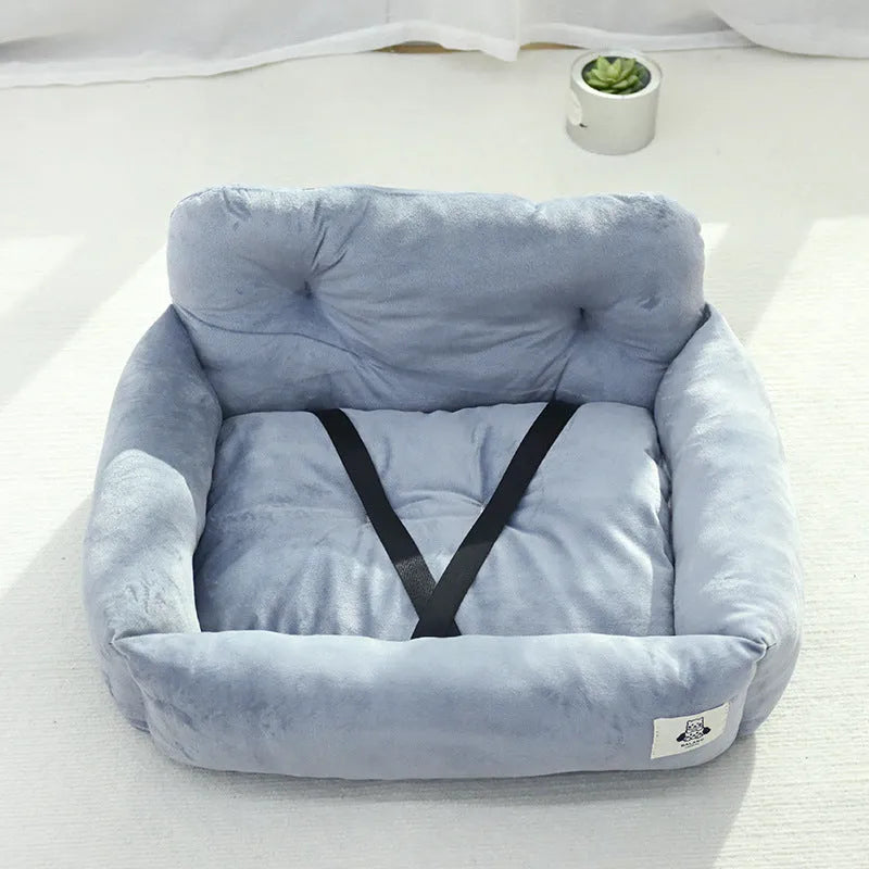 Grey and blue plaid stain-resistant cloth pet nest for car travel, shown in small and large sizes.