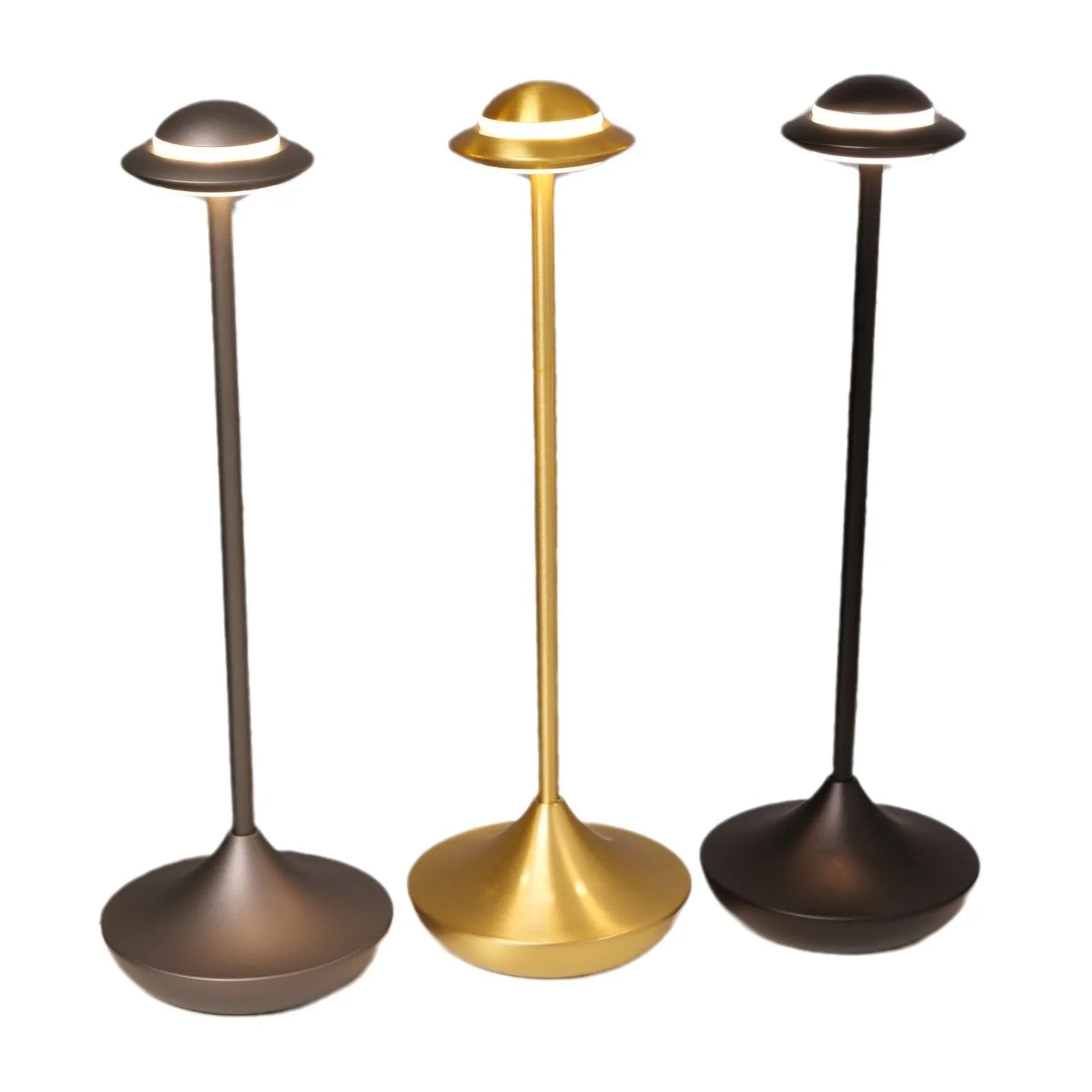 Modern creative UFO-shaped metal desk lamp with touch controls in black, gold, or grey finish.