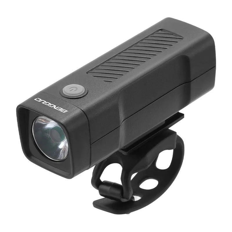 USB rechargeable bicycle headlight mounted on bike handlebars with 100 lumens brightness for night riding
