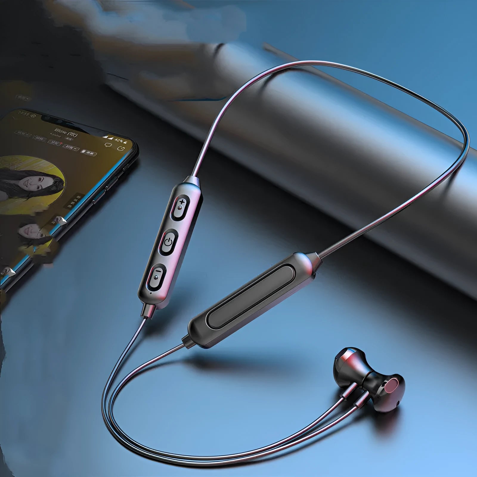 Black neck-mounted wireless sports earphones with Bluetooth 5.0 and custom logo printing capability
