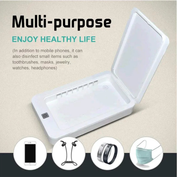 Blue UV phone steriliser cabinet with touch switch, showing mobile phone and mask inside for disinfection.