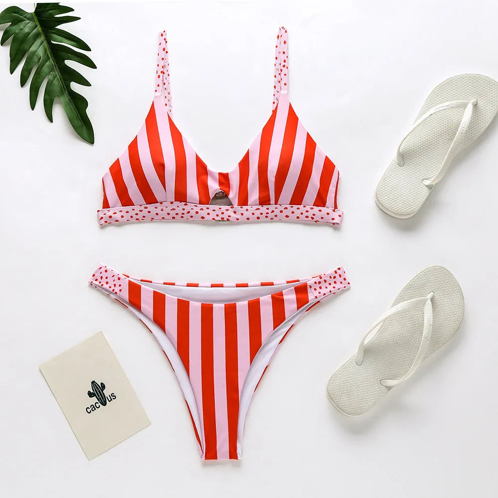 Women's polyester bikini swimsuit in black and white dots or red and white stripes patterns