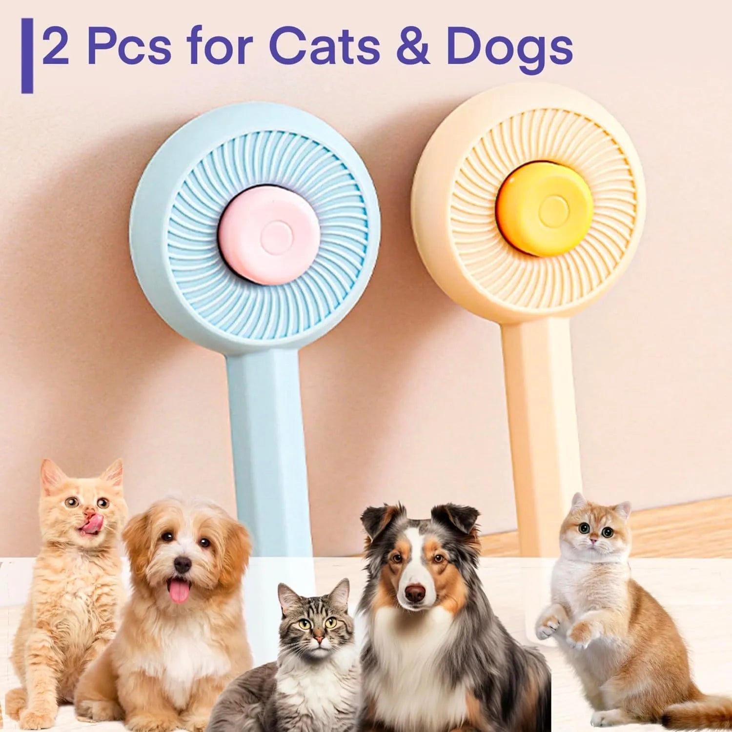 Blue pet grooming brush with angled metal pins and self-cleaning button for dogs and cats