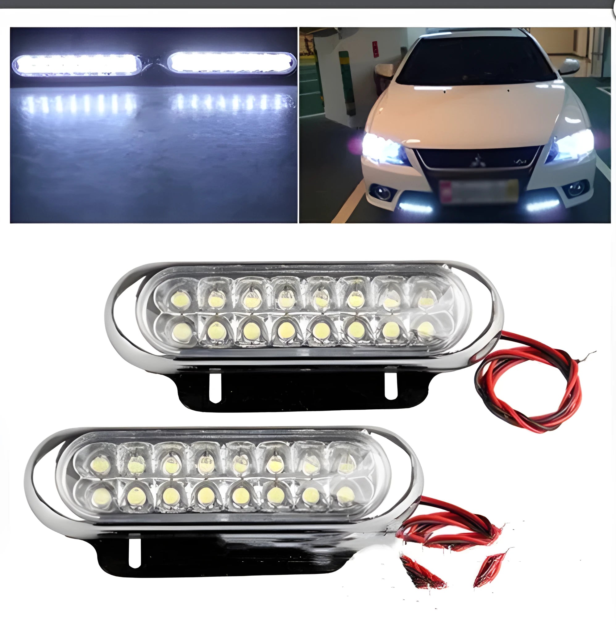 Car anti fog LED day trip auxiliary light set, white, 12V 6W, 16LED per light, with iron brackets and screws