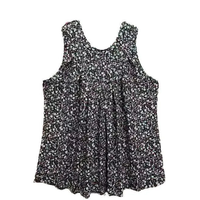 A black plus size sleeveless vest with a floral print, shown on a hanger.