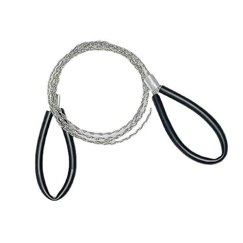 Close-up of a black coiled stainless steel wire survival saw with a total length of 70cm.