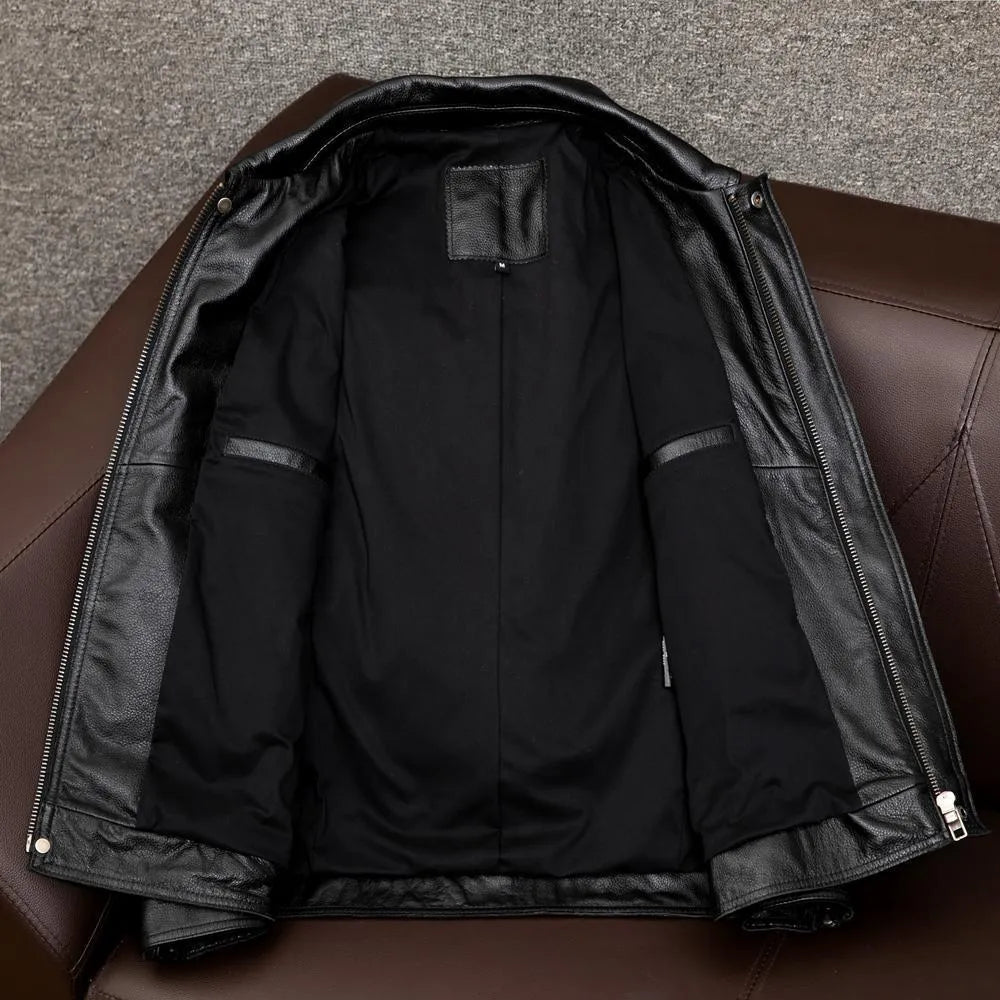 Men's black loose-fit PU leather jacket with lapel collar and side pockets for plus-size frames.