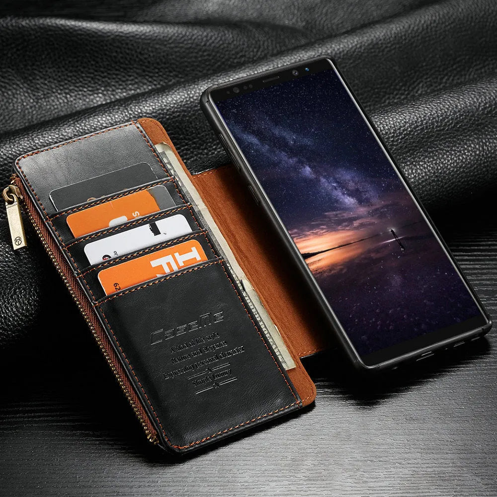 Samsung Galaxy Note 9 flip phone case in black PU leather showing closed and open positions