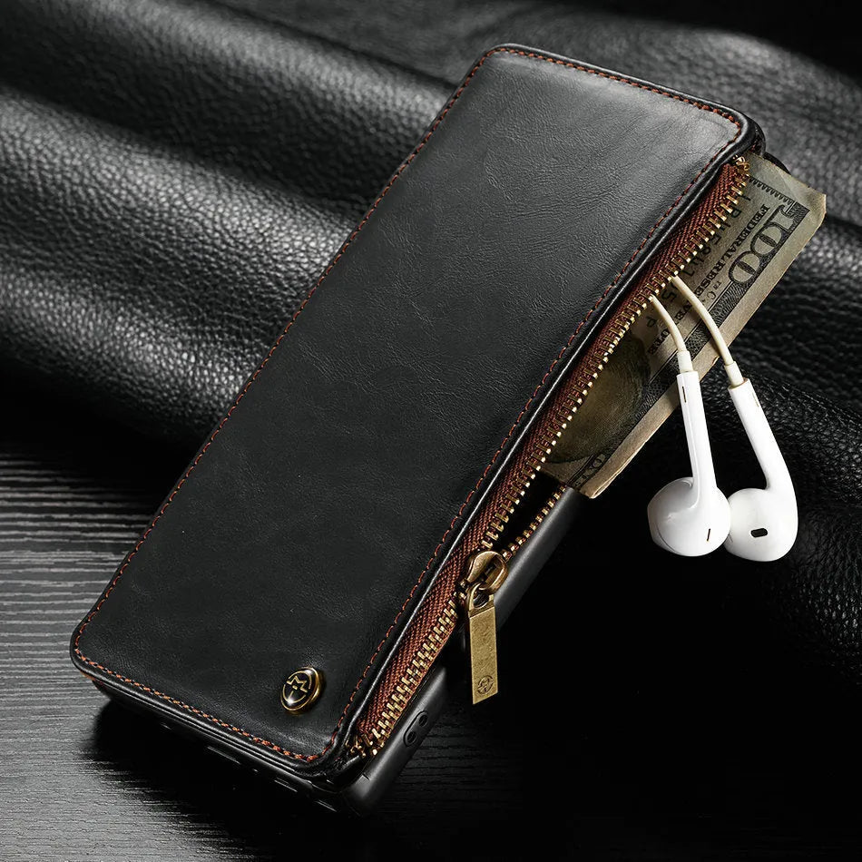 Samsung Galaxy Note 9 flip phone case in black PU leather showing closed and open positions