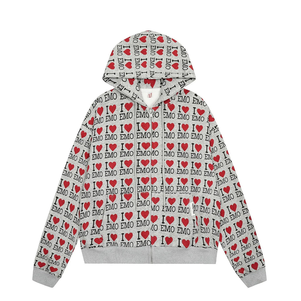 Women's mixed gray cotton hooded cardigan with retro pattern, long sleeves, and street fashion styling