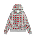 Women's mixed gray cotton hooded cardigan with retro pattern, long sleeves, and street fashion styling