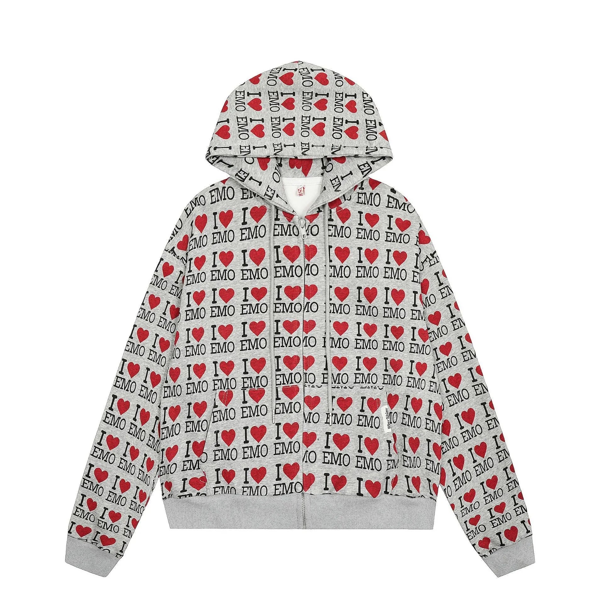Women's mixed gray cotton hooded cardigan with retro pattern, long sleeves, and street fashion styling