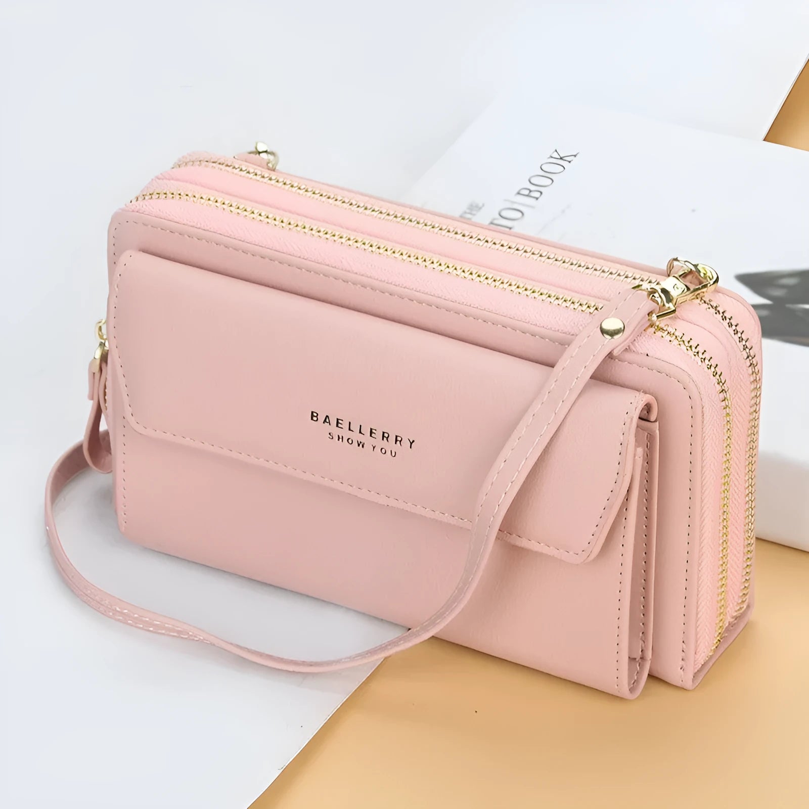 Ladies long wallet with double zippers in soft PU leather, shown in multiple colour options