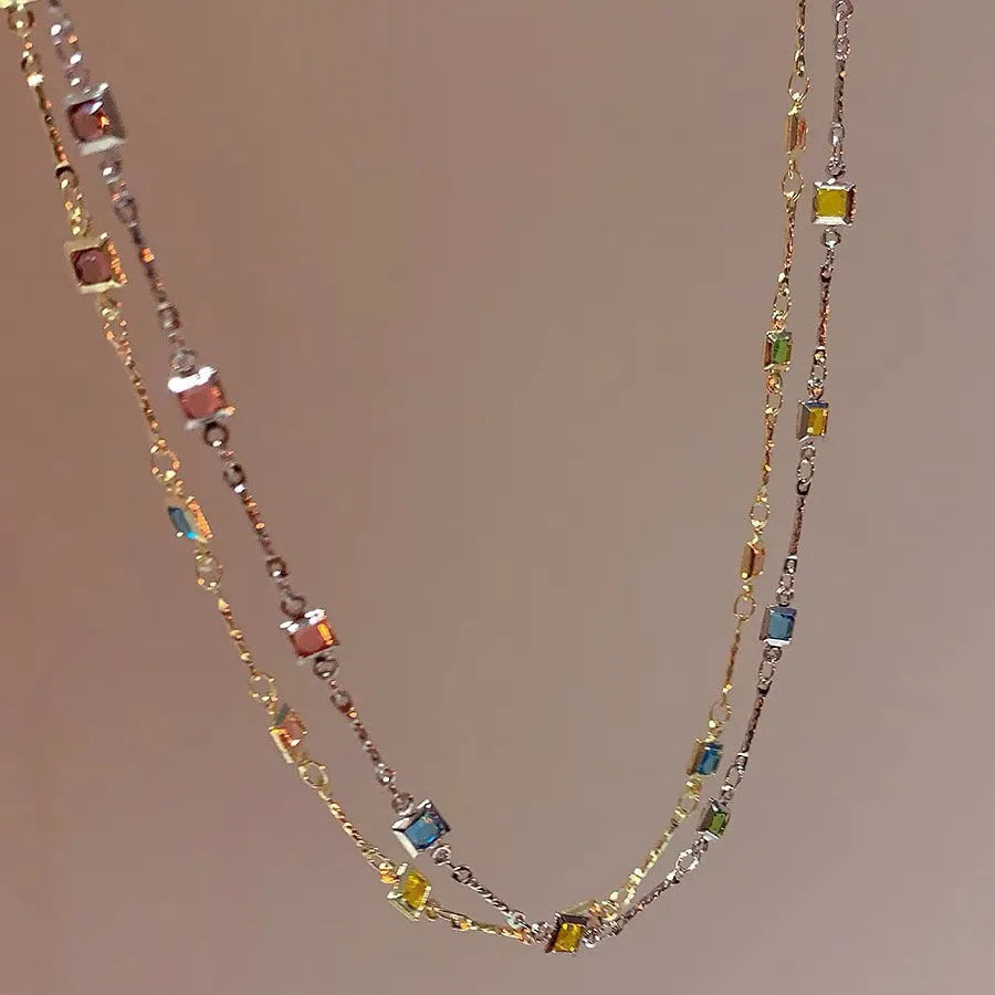 Square geometric clavicle chain necklace with crystal accents in gold plating