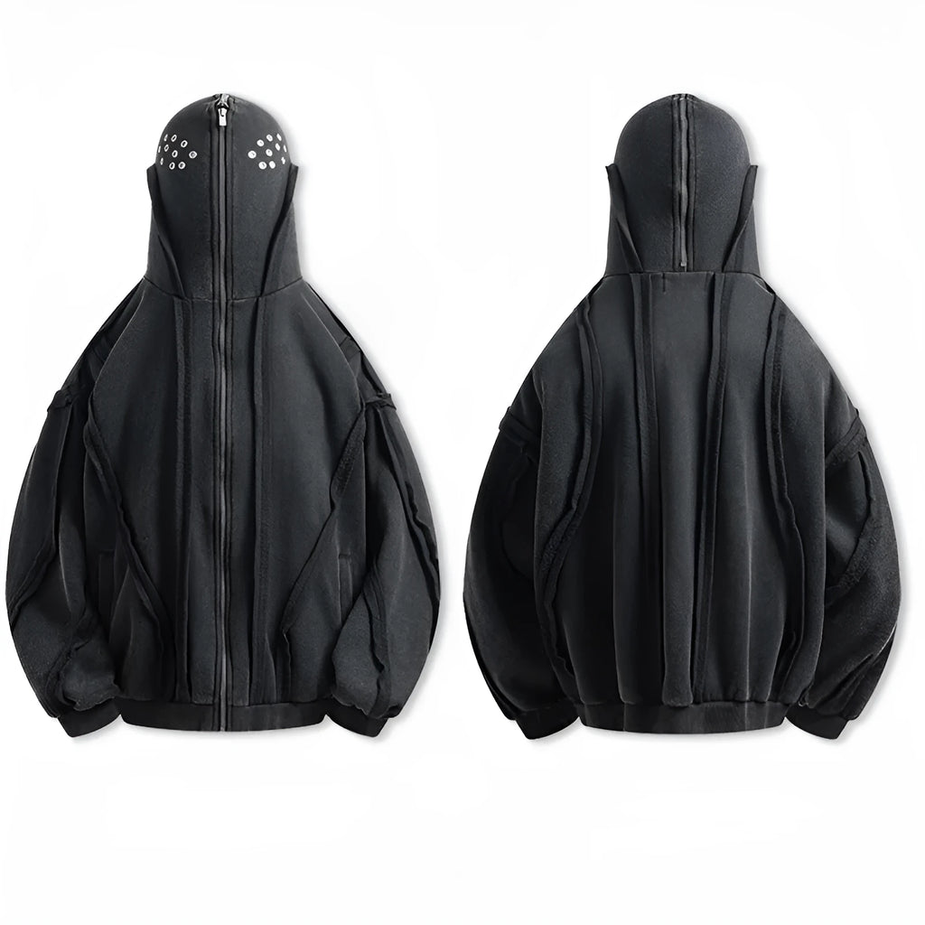 Black men's cotton hooded cardigan coat with abstract pattern and zip front
