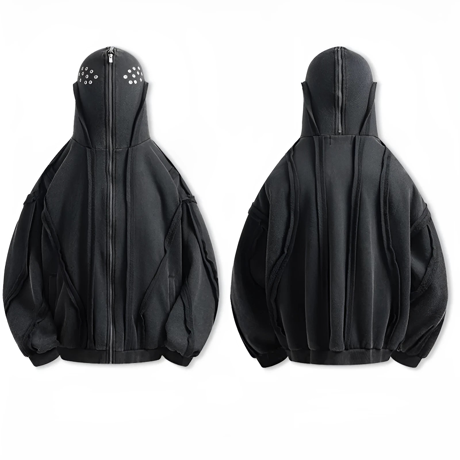 Black men's cotton hooded cardigan coat with abstract pattern and zip front