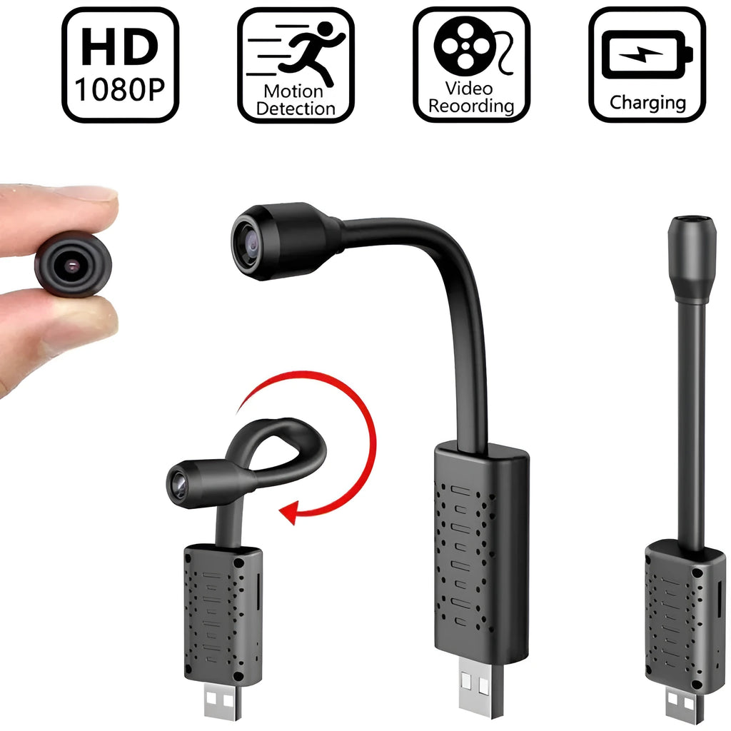 Black V380 wireless USB security camera with compact rectangular design for indoor monitoring