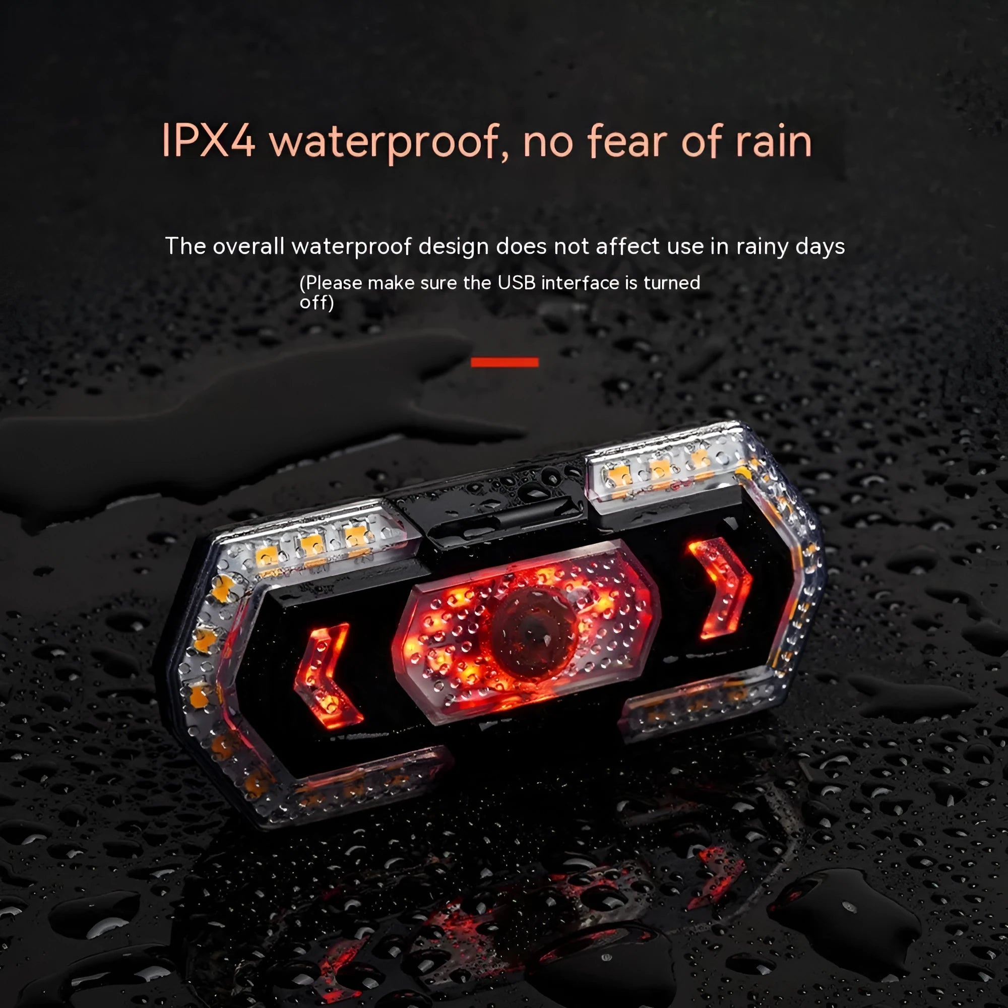 Black wireless remote control vehicle taillight with turn signal indicators and USB charging port