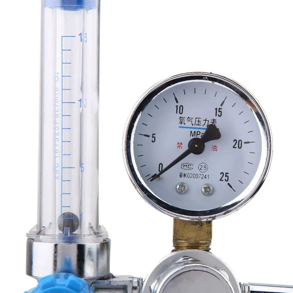 Blue oxygen pressure reducer with 0.25 MPa rated outlet on white background