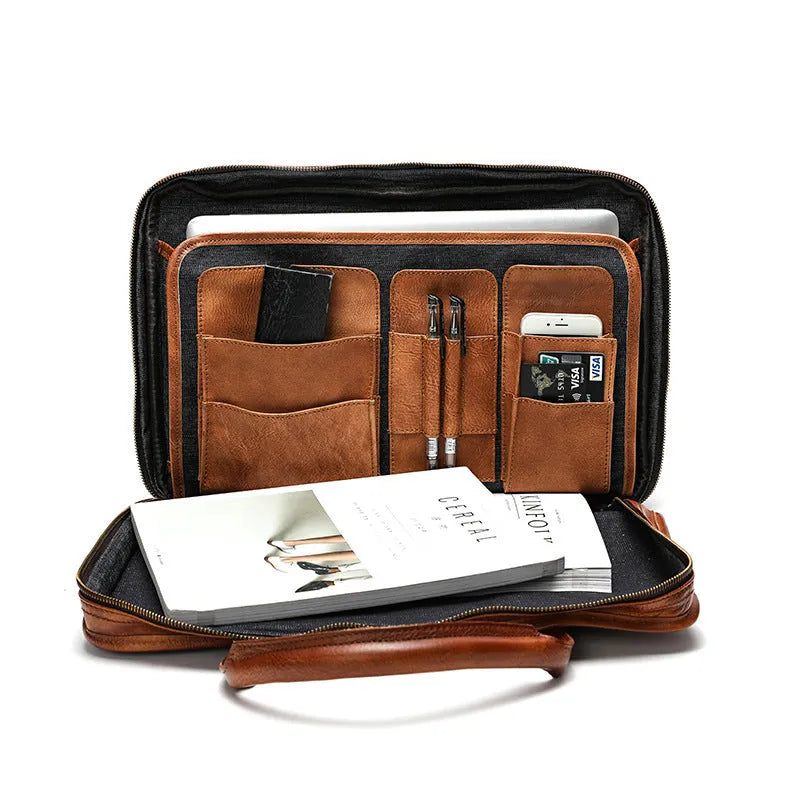 Men's leather briefcase showing multiple interior organisational pockets including laptop compartment