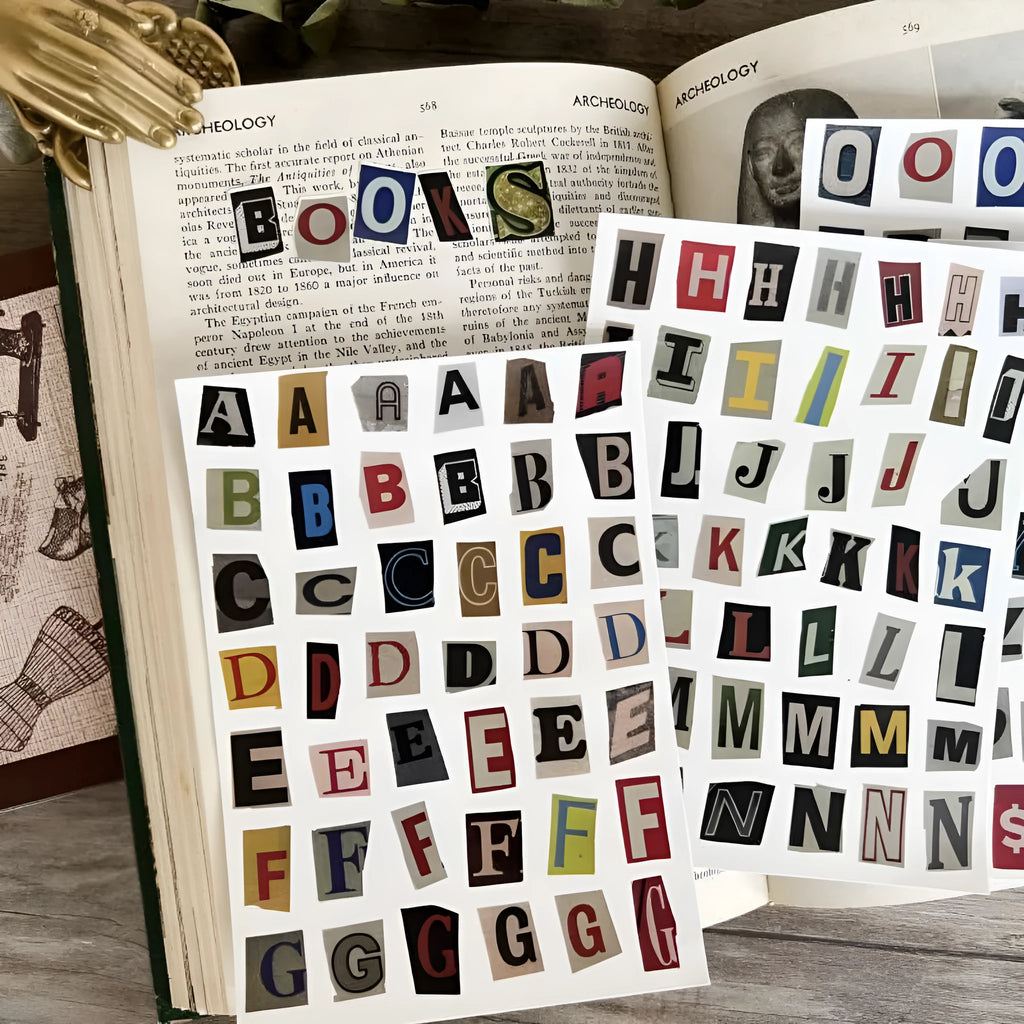 English letters and numbers symbol label stickers showing full alphabet sets and weekly words in cute style