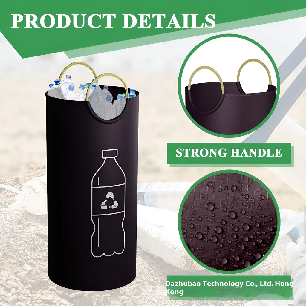 Round portable polypropylene trash can with a removable plastic liner bag.