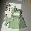 One-shoulder tube top three-piece swimsuit set in light green, sky blue and pink colours