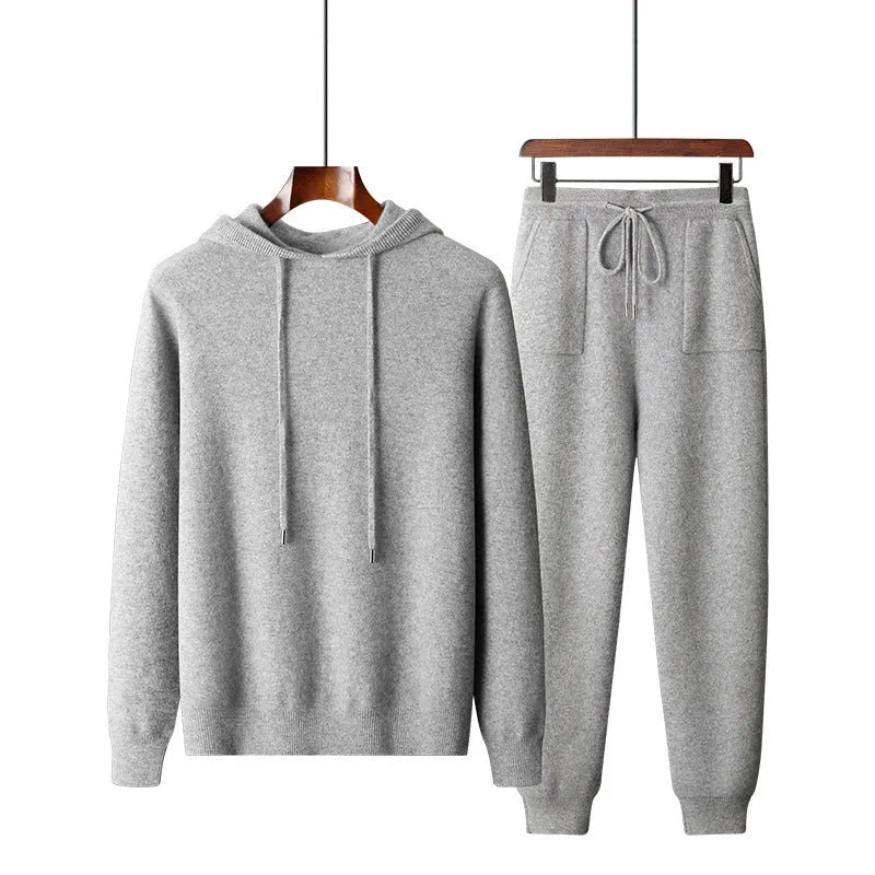 Men's light grey cashmere hooded sweatshirt and trousers casual winter set laid flat